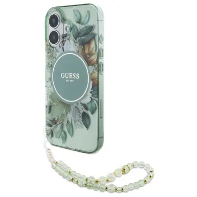 OVITEK GUESS IML FLOWERS WITH PEARL STRAP ZA MAGSAFE ZA IPHONE 16 PLUS ZELEN