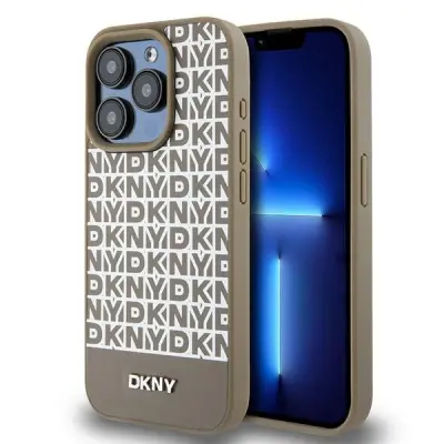 ETUI DKNY LEATHER PRINTED PATTERN METAL LOGO MAGSAFE NA IPHONE 15 PRO MAX - BRĄZOWE