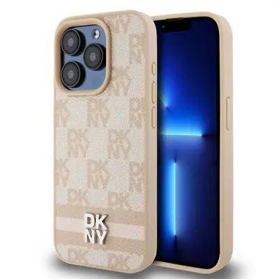 DKNY USNJEN OVITEK V KARIRANEM MONO VZORCU ZA IPHONE 15 PRO MAX ROZA