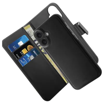 OVITEK IZ PURO EKO USNJA ZA MAGSAFE 2V1 S PREKLOPOM IN DENARNICO ZA IPHONE 16 ČRN
