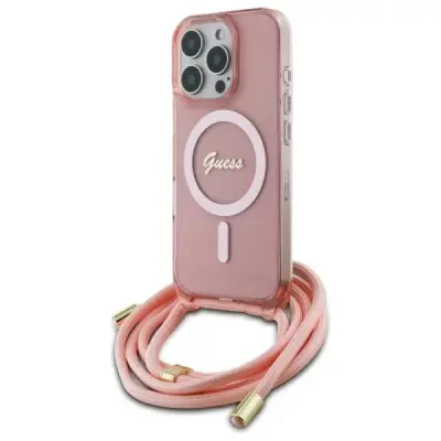 GUESS OVITEK CROSSBODY CORD SCRIPTE ZA MAGSAFE ZA IPHONE 16 PRO ROZA