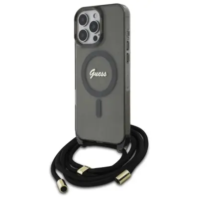 GUESS OVITEK CROSSBODY CORD SCRIPTE ZA MAGSAFE ZA IPHONE 16 PRO ČRN