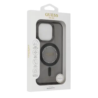 Originalni GUESS ovitek GUHMP16XPFTDTEK za iPhone 16 Pro Max - MagSafe - prozorno črn s kristalčki