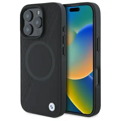 USNJENI OVITEK BMW SIGN POLOVIČNA TEKSTURA ZA MAGSAFE ZA IPHONE 16 PRO MAX ČRN