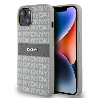 DKNY USNJENI OVITEK MONO S STRIPE & METAL LOGO ZA IPHONE 15 14 13 BEŽ