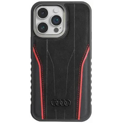 ETUI AUDI GENUINE LEATHER Z MAGSAFE NA IPHONE 15 PRO - CZARNO-CZERWONE