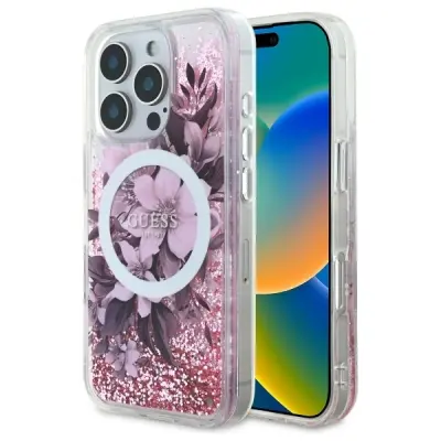 GUESS OVITEK Z BLEŠČICAMI V ROŽICAH LIQUID ZA MAGSAFE ZA IPHONE 16 PRO ROZA