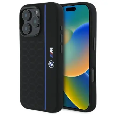 BMW SILIKONSKI OVITEK HEXAGON BLUE LINE ZA MAGSAFE OVITEK ZA IPHONE 16 PRO ČRN