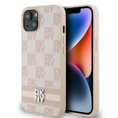 DKNY USNJEN OVITEK V KARIRANEM MONO VZORCU ZA IPHONE 15/14/13 ROZA