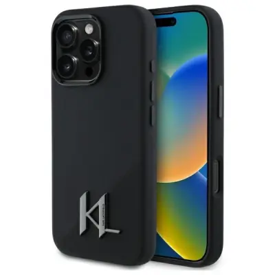 ETUI KARL LAGERFELD SILICONE SHADOW METAL INITIAL MAGSAFE NA IPHONE 16 PRO - CZARNE