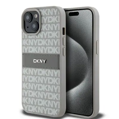 DKNY USNJENI OVITEK MONO S STRIPE & METAL LOGO ZA IPHONE 15 PLUS 14 PLUS BEŽ