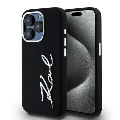 KARL LAGERFELD SILIKONSKI KOVINSKI OVITEK LOGO S SKRIPTO ZA IPHONE 15 PRO ČRN