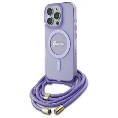 GUESS OVITEK CROSSBODY CORD SCRIPTE ZA MAGSAFE ZA IPHONE 16 PRO VIJOLIČEN
