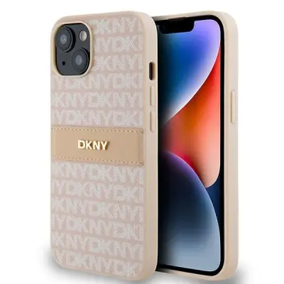 DKNY USNJENI OVITEK MONO S STRIPE & METAL LOGO ZA IPHONE 15 14 13 ROZA