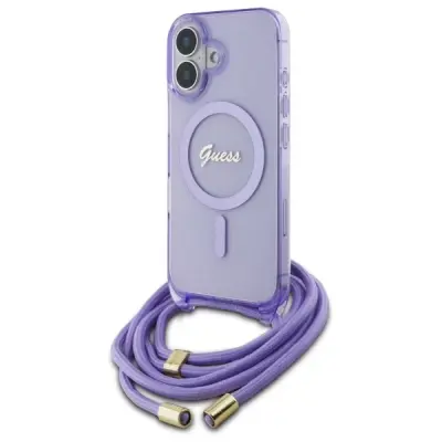 GUESS OVITEK CROSSBODY CORD SCRIPTE ZA MAGSAFE ZA IPHONE 16 - VIJOLIČEN