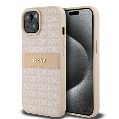 DKNY USNJENI OVITEK MONO S STRIPE & METAL LOGO ZA IPHONE 15 14 13 ROZA