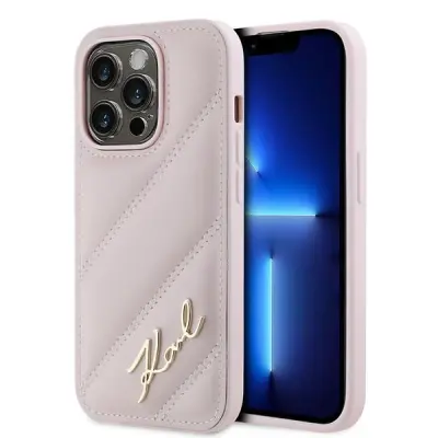 KARL LAGERFELD PREŠIT OVITEK S SKRIPTO DIAGONAL ZA IPHONE 14 PRO ROZA