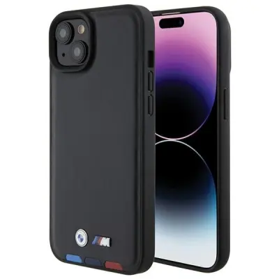 BMW USNJENI OVITEK STAMP TRICOLOR CASE ZA IPHONE 15 PLUS ČRN