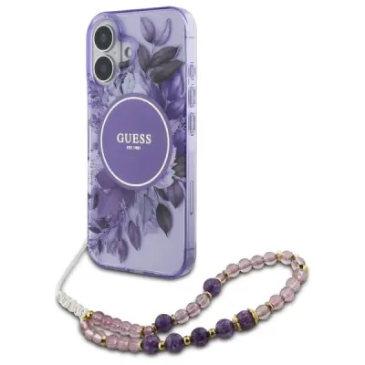 OVITEK GUESS IML FLOWERS WITH PEARL STRAP ZA MAGSAFE ZA IPHONE 16 PLUS VIJOLIČEN