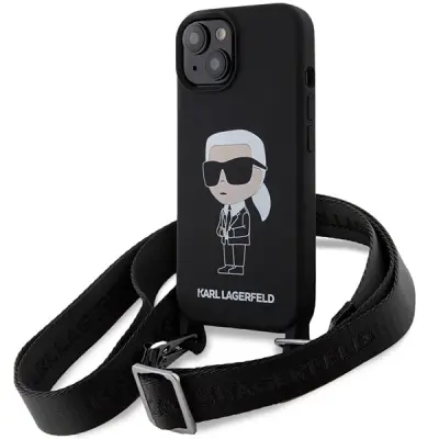 SILIKONSKI OVITEK IKONIK KARL LAGERFELD CROSSBODY ZA IPHONE 15 ČRN