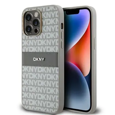 DKNY USNJENI OVITEK MONO S STRIPE & METAL LOGO ZA IPHONE 14 PRO BEŽ