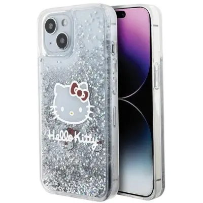 OVITEK HELLO KITTY LIQUID Z BLEŠČICAMI ZA IPHONE 15 SREBRN S ČARMI