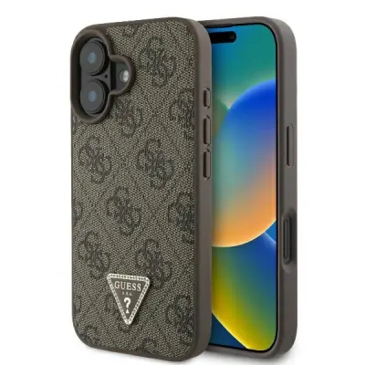 GUESS USNJEN OVITEK 4G TRIKOTNIK STRASS ZA MAGSAFE ZA IPHONE 16 PLUS RJAV