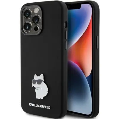 KARL LAGERFELD SILIKONSKI OVITEK CHOUPETTE METAL PIN ZA IPHONE 15 PRO ČRN