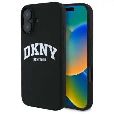 DKNY SILIKONSKI OVITEK BELO S POTISKOM LOGO ZA MAGSAFE OVITEK ZA IPHONE 16 ČRN