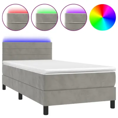 Box spring postelja - Vzmetna postelja z vzmetnico LED svetlo siva 90x200 cm žamet SL16194