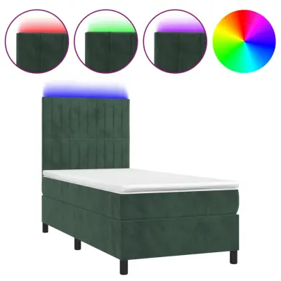Box spring postelja - Vzmetna postelja z vzmetnico LED tem. zelena 90x200 cm žamet SL15914