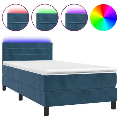 Box spring postelja - Vzmetna postelja z vzmetnico LED temno modra 90x200 cm žamet SL9353