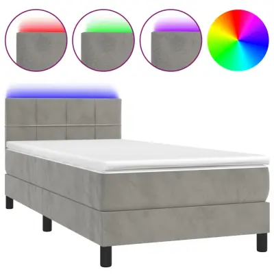 Box spring postelja - Vzmetna postelja z vzmetnico LED svetlo siva 90x200 cm žamet SL9803