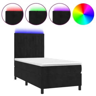 Box spring postelja - Vzmetna postelja z vzmetnico LED črna 90x200 cm žamet SL3255