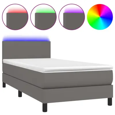 Box spring postelja - Vzmetna postelja z vzmetnico LED siv 90x190 cm umetno usnje SL9326