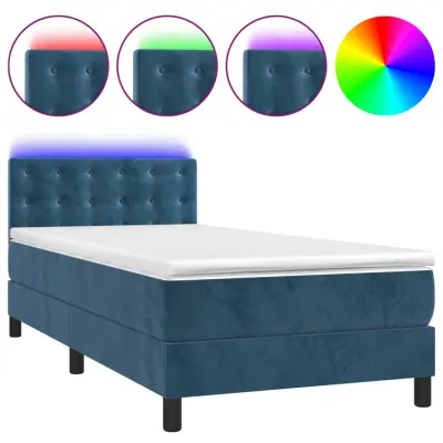 Box spring postelja - Vzmetna postelja z vzmetnico LED temno modra 90x190 cm žamet SL9440