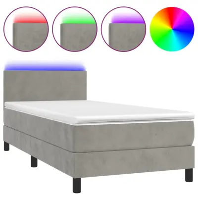 Box spring postelja - Vzmetna postelja z vzmetnico LED svetlo siva 90x200 cm žamet SL16097
