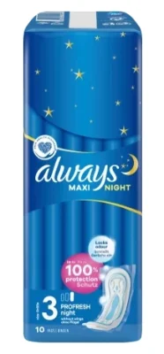 10 kosov Always Maxi Night podložk za najvišjo absorpcijo, za udobje in zaščito ponoči.