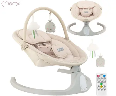 MoMi KENANI SAND 2v1 otroški gugalnik, električni, Bluetooth, 5 načinov zibanja, melodije, lok z igračami, varnostni pas, daljinski upravljalnik