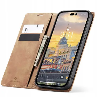 SPACECASE USNJEN OVITEK DENARNICA ZA IPHONE 14 PRO MAX OVITEK RJAV