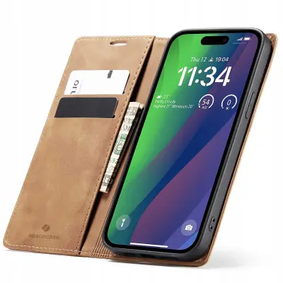 SPACECASE OVITEK WALLET ZA IPHONE 15 USNJEN OVITEK SVETLO RJAV