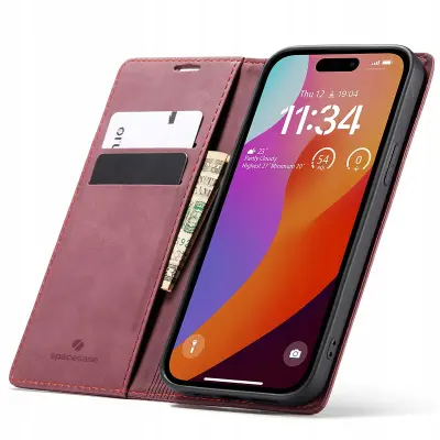 SPACECASE OVITEK DENARNICA ZA IPHONE 15 PRO MAX RDEČ USNJEN OVITEK