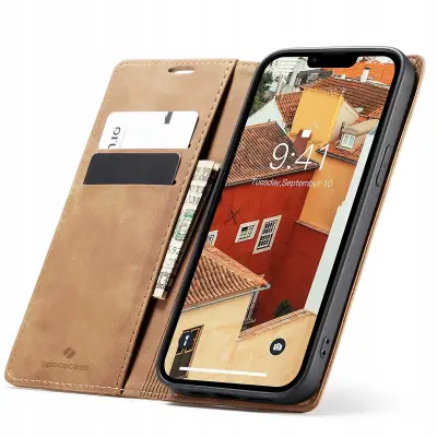 SPACECASE OVITEK DENARNICA ZA IPHONE 14 SVETLO RJAV ETUI ZA KABEL