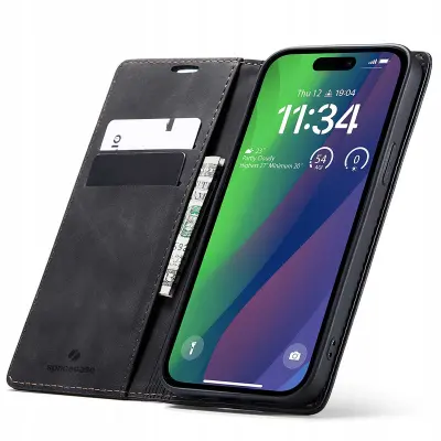 SPACECASE OVITEK WALLET ZA IPHONE 15 PLUS USNJEN OVITEK ČRN