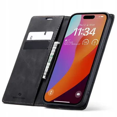 SPACECASE OVITEK WALLET ZA IPHONE 15 PRO ČRNO USNJENO Z ŽEPKI