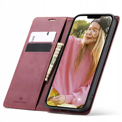 SPACECASE OVITEK WALLET ZA IPHONE 13 KASETA USNJEN OVITEK RDEČ