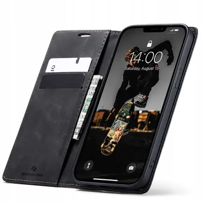 SPACECASE OVITEK WALLET ZA IPHONE 13 PRO USNJEN OVITEK ČRN