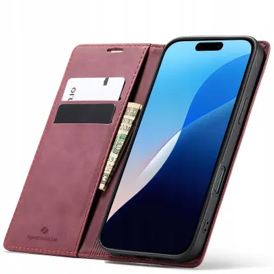 SPACECASE OVITEK WALLET ZA IPHONE 16 PRO RDEČ USNJEN OVITEK ZA TELEFON