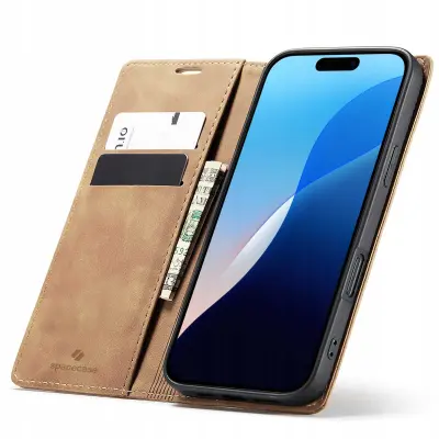 SPACECASE OVITEK WALLET ZA IPHONE 16 PRO MAX USNJEN OVITEK RJAV