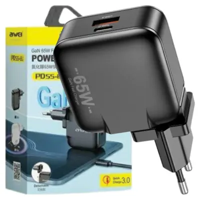 AWEI STENSKI POLNILEC PD55-EU 65W USB + USB-C ZA ČRNE GAN TELEFONE